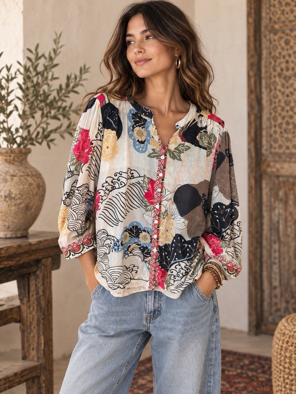 Ruby Yaya Blouse Womens L Anthropologie 100% Cotton Boho Zen Print Top